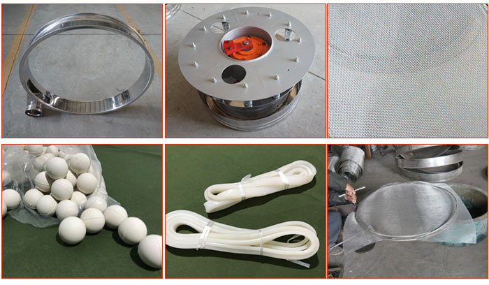 800型全不銹鋼振動篩配件有：振動篩篩框，電機，不銹鋼篩網等。