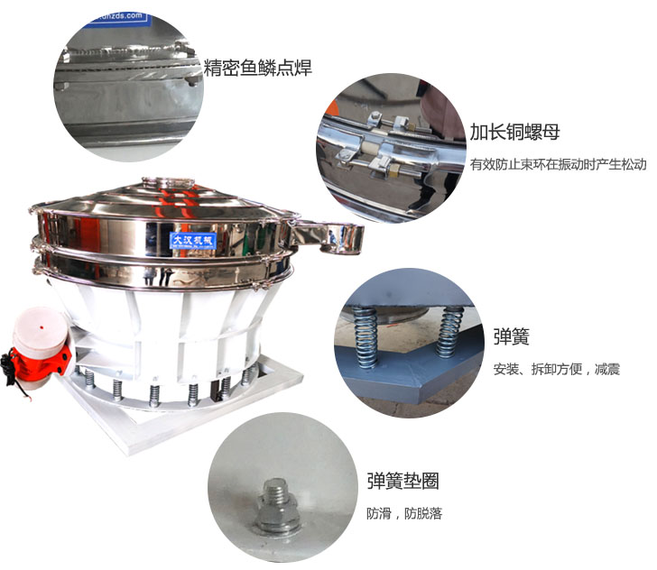 1500直排篩細節展示：彈簧，彈簧墊圈，加長銅螺母。