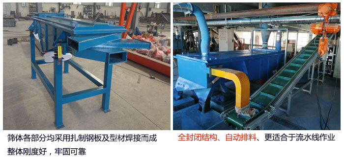 直線篩分機篩體各部分均采用扎制鋼板及型材焊接而成整體剛度好，牢固可靠；全封閉結構、自動排料、更適合于流水線作業。