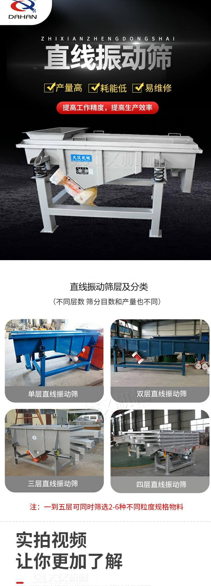 直線振動篩概述，產量高，耗能低，易維修，提高工作精度，提高生產效率，直線振動篩層級分類：不同層數，篩分目數和產量也不同：單層，雙層，三層，四層等。