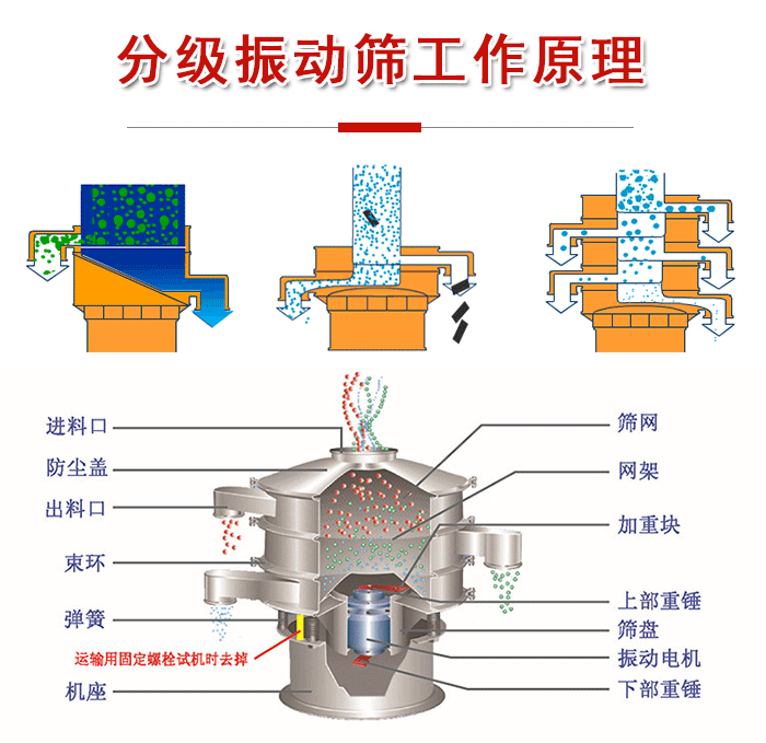 分級振動篩內部結構：進料口，防塵蓋，出料口，束環，彈簧，機座，篩網，網架，上部重錘，振動電機，下部重錘。