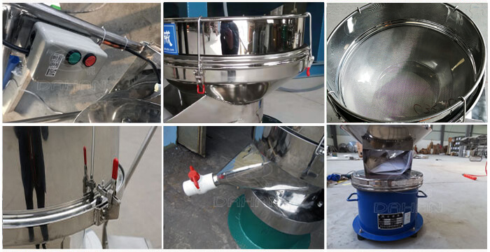 過濾篩細節展示：控制開關，篩框，出料口閥門，底座等